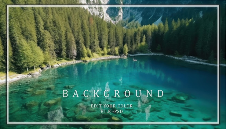 PSD crystal clear lake surrounded by lush forest
