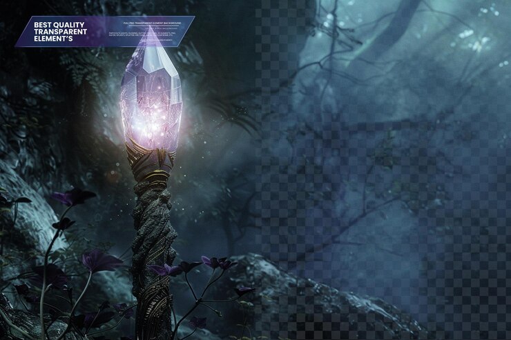PSD crystal staff with large glowing gem radiating light on transparent background
