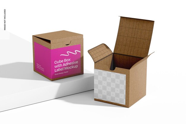PSD cubic boxes with adhesive label mockup perspective