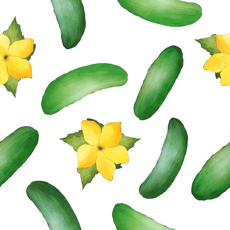 PSD cucumber pattern seamless print green vegetable textile card fabric wrapping on a white yellow