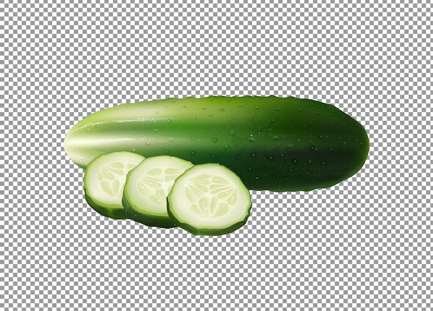 cucumber with three slices on transparent background