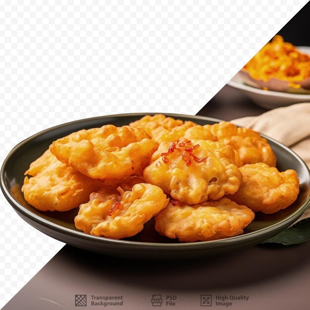 PSD 칠리 소스와 함께 cucur udang 또는 shrimp fritters는 말레이시아에서 일반적인 차 시간 케이크이며 동남아시아에서 인기있는 간식입니다.