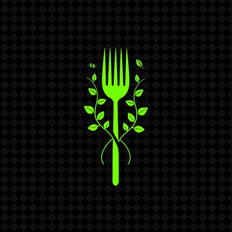PSD culinary ivy fork logo with decorative tines and savory vine creative plant vector designs