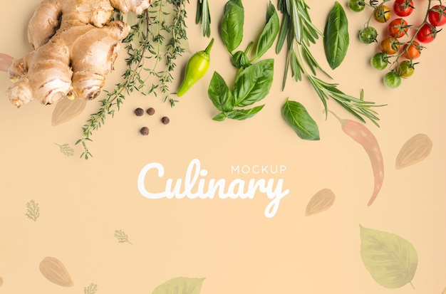 Culinary lettering mock-up with veggies and spices