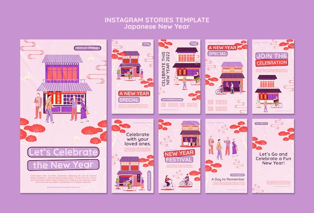 PSD set di storie instagram culturali per il capodanno giapponese