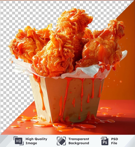 PSD a cup of chicken sauce with sauce dripping on it