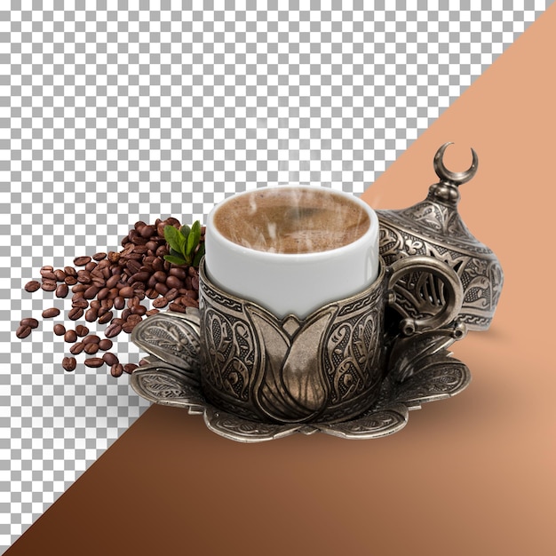 コーヒーと豆が皿の上にある