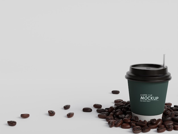 PSD the cup of coffee is surrounded by coffee beans against a white background mockup