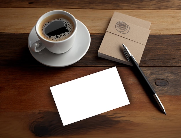 一杯のコーヒーと木製のテーブルの上のメモ帳