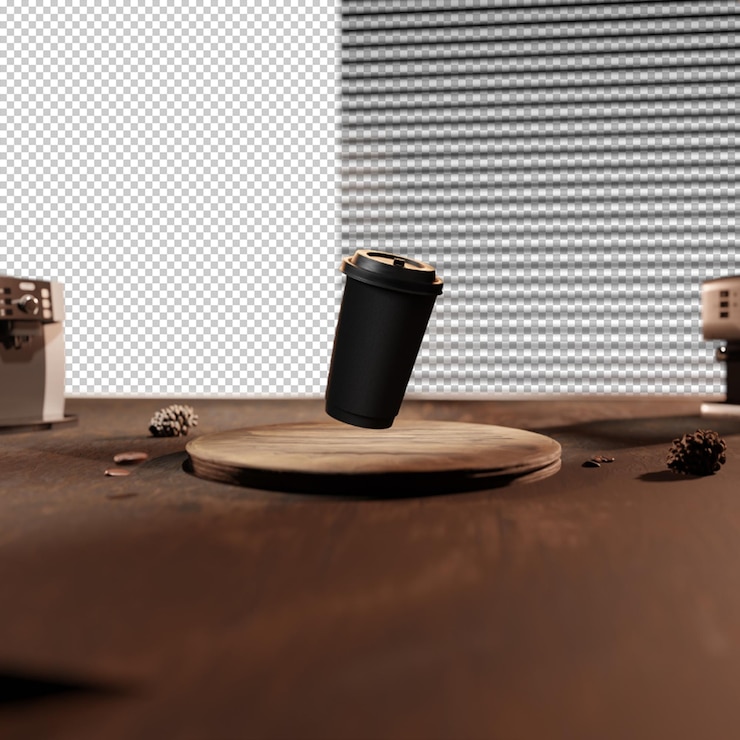 PSD a cup of coffee sits on a table next to a plate of food