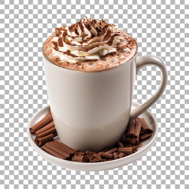 A cup of coffee with chocolate chips and a chocolate mousse on top