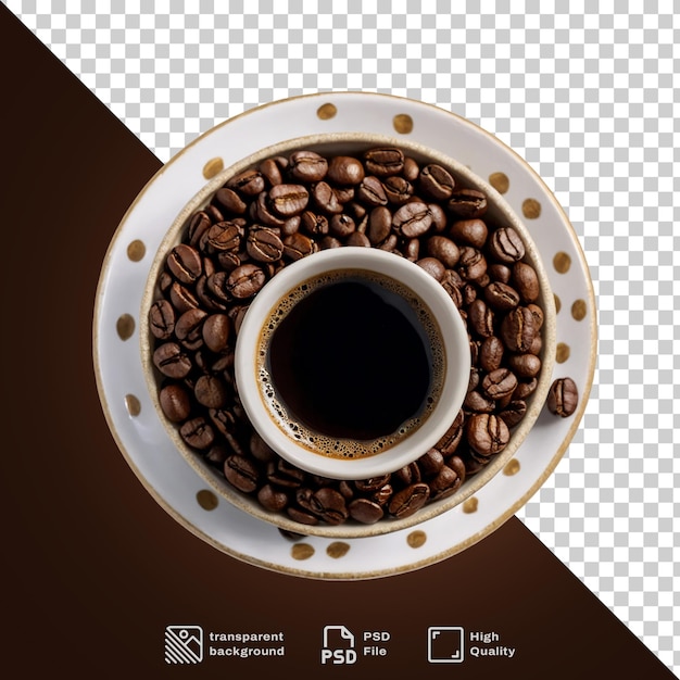 A cup of coffee with coffee beans on a plate on a transparent background