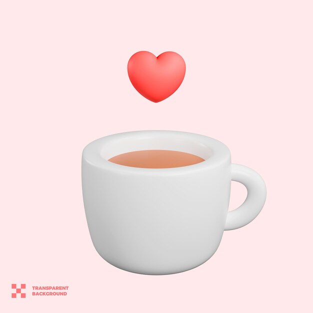 PSD cup of coffee with hearts concept of love of coffee cartoon coffee cup 3d render