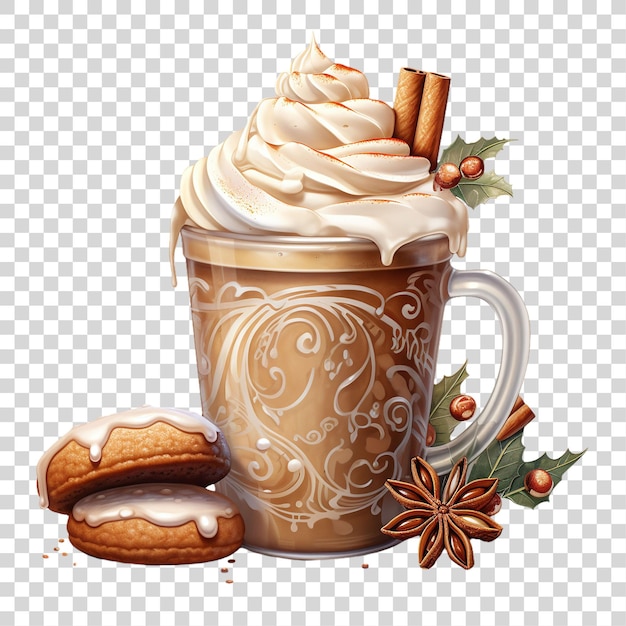 PSD cup of coffee with whipped cream cookies and cinnamon sticks on transparent background