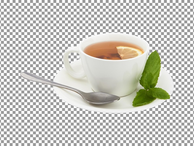 A cup of herbal tea with a spoon and a mint leaf on plate with transparent background