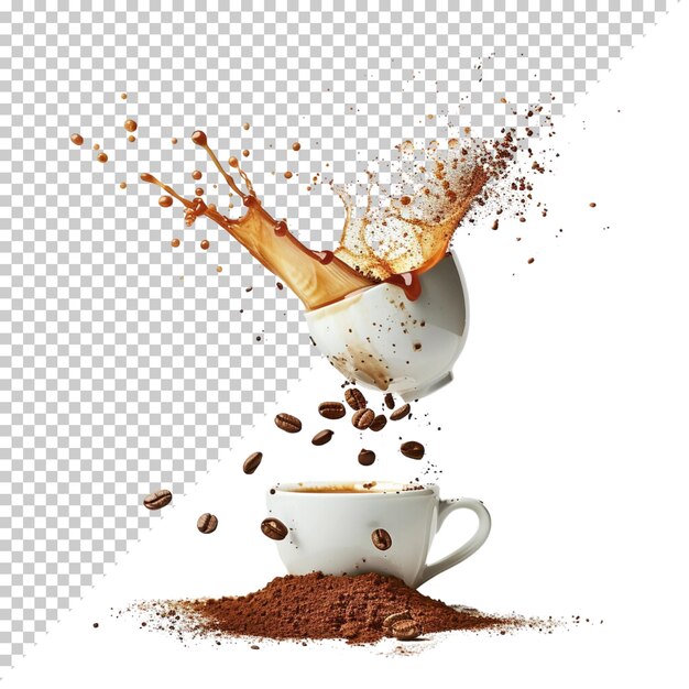 PSD cup of latte coffee beans in sack pecan coffee day isolated on transparent background