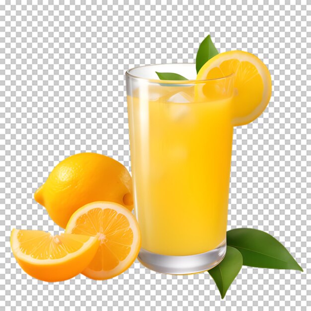 A cup of lemon juice with slices lemon on transparent background