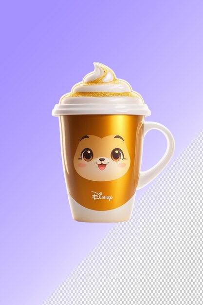 Una tazza di caffè mickey mouse con un animale carino sul lato