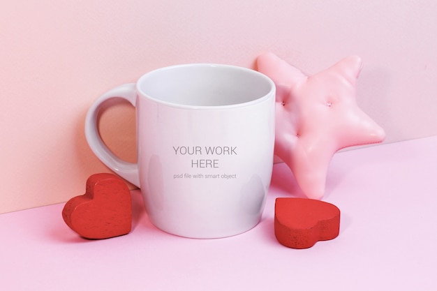 PSD cup mockup with wooden hearts