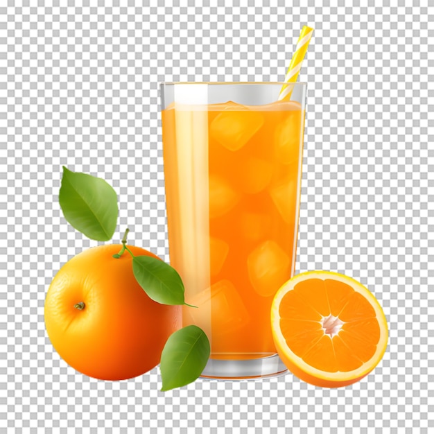 A cup of orange juice with slices orange on transparent background