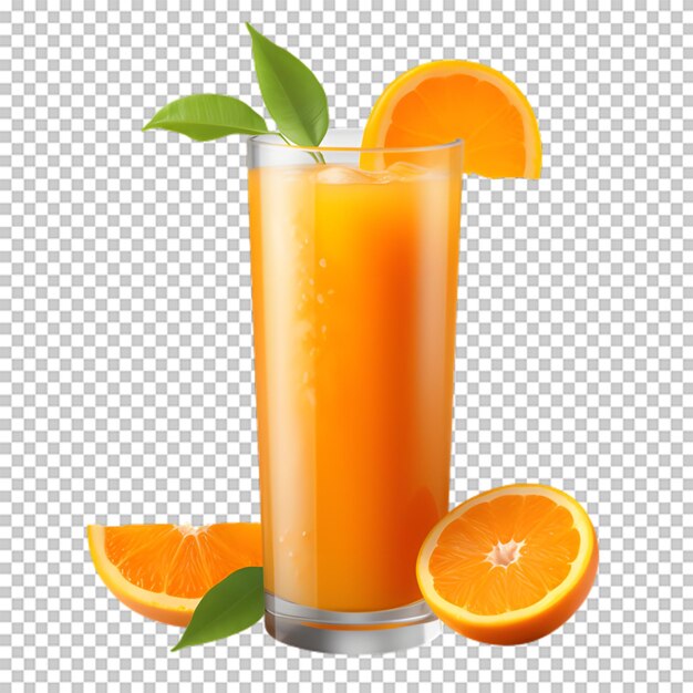 A cup of orange juice with slices orange on transparent background