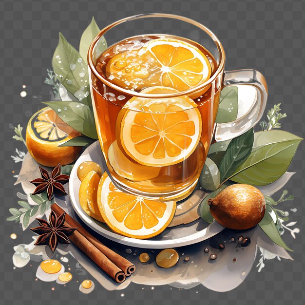 PSD a cup of oranges with a spoon and a cup of tea