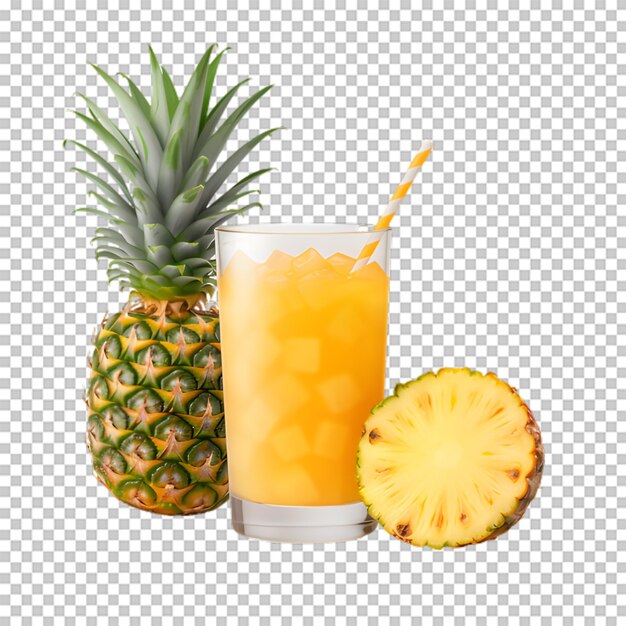 Una tazza di succo di ananas con fette di ananas su uno sfondo trasparente