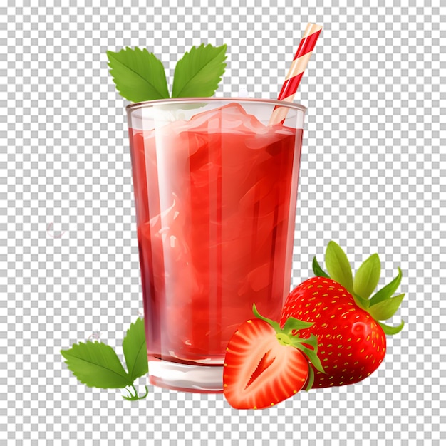 A cup of strawberry juice with slices strawberry on transparent background