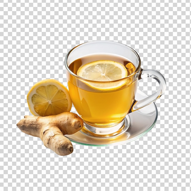 PSD cup of tea with lemon and ginger isolated on transparent background