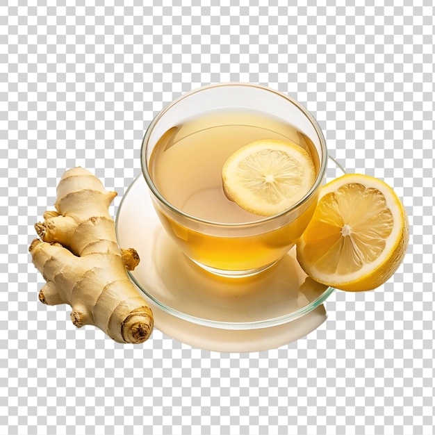 Cup of tea with lemon and ginger isolated on transparent background