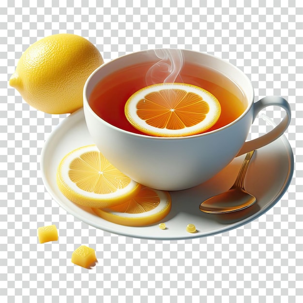 Tazza di tè con una fetta di limone sullo sfondo trasparente