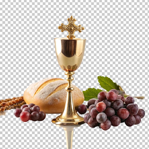 PSD cup of wine with grapes and bread on transparent background