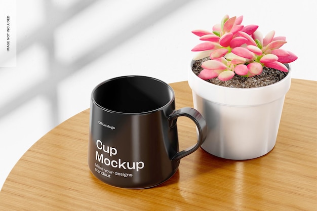 cup on wooden desk mockup high angle view