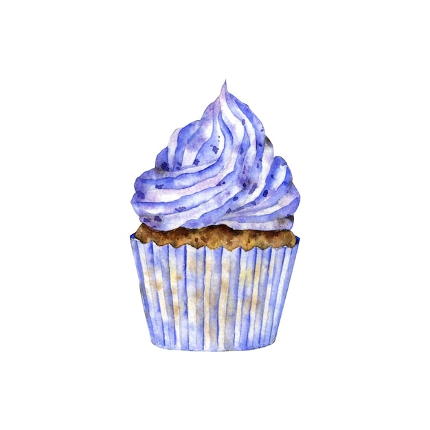Cupcake ozdobiony niebieską śmietaną na białym tle akwarelowym