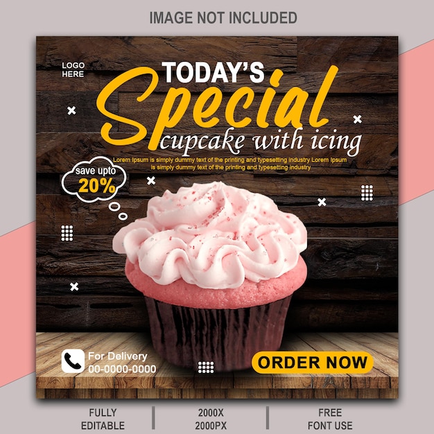 PSD cupcake con glassa modello di social media post instagram e volantino alimentare psd completamente modificabile