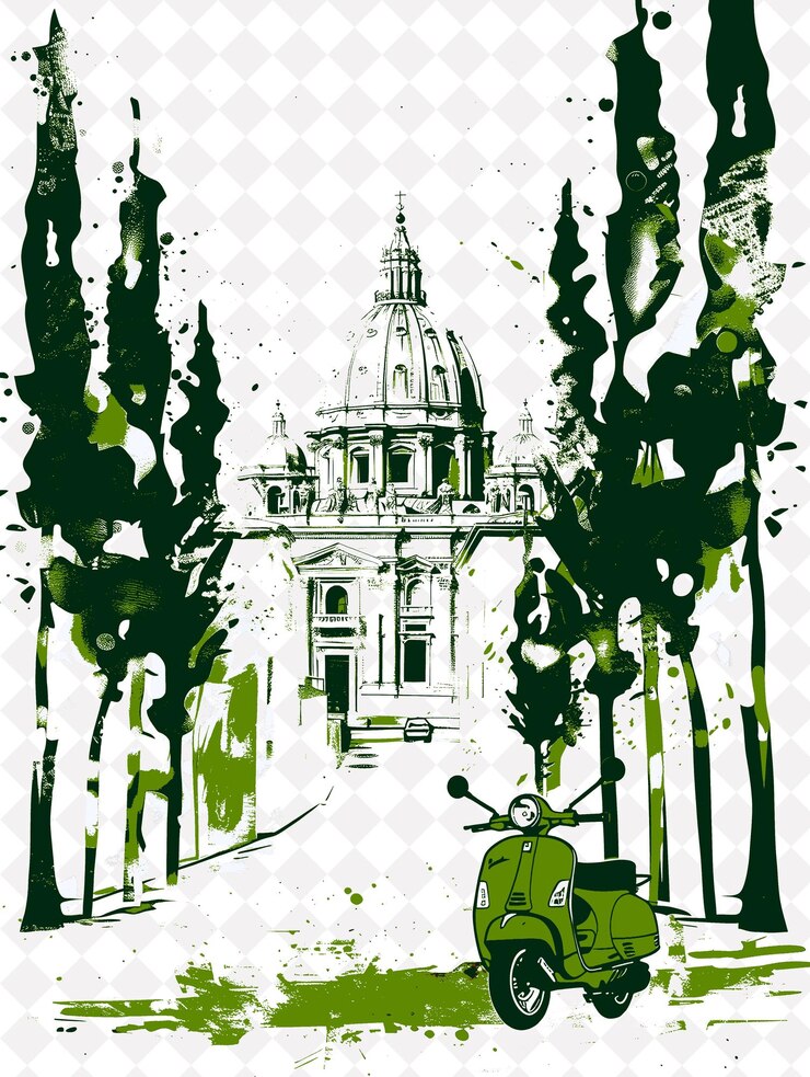PSD cupola basilica scene with italian cypress trees and a red v italy culture illustration design