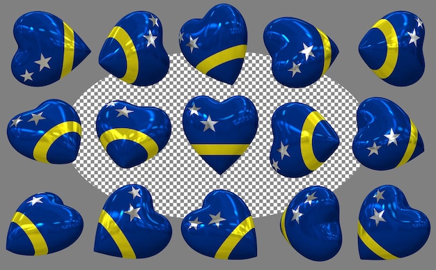 Curacao 3D Heart Flag Isolated Different Positions 3D Rendering