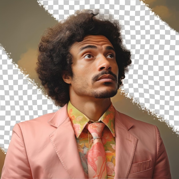 PSD a curious adult man with curly hair from the african american ethnicity dressed in appraiser attire poses in a gentle hand on cheek style against a pastel peach background