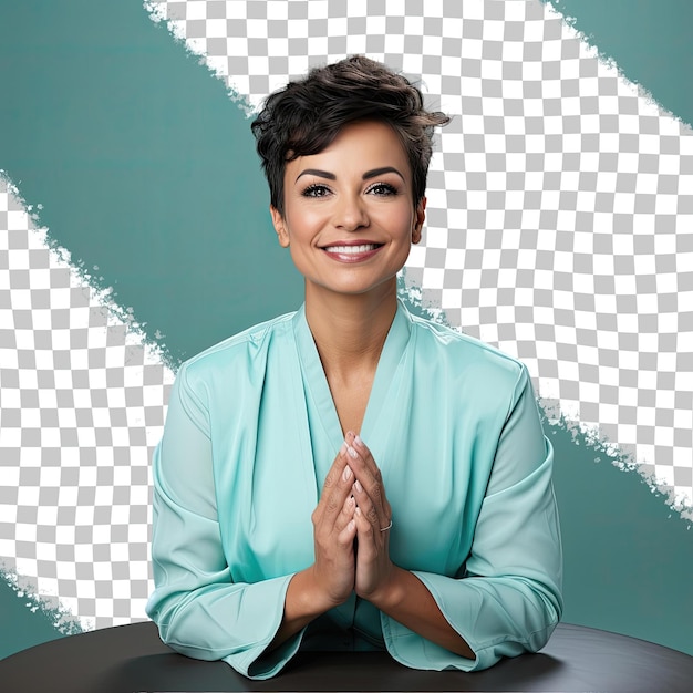 A curious adult woman with short hair from the west asian ethnicity dressed in geneticist attire poses in a sitting with hands clasped style against a pastel mint background
