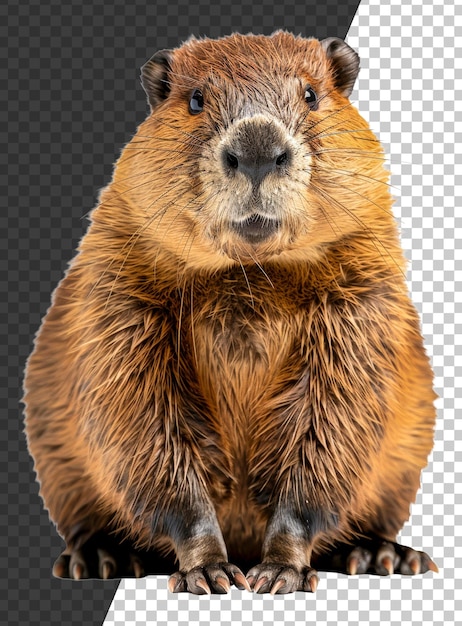 PSD curious beaver looking forward with paws together on transparent background stock png