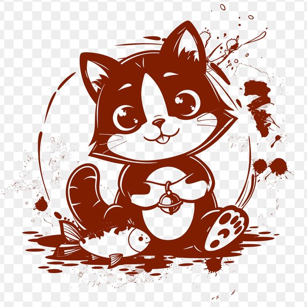 PSD logo della mascotte del gatto curioso con un pesce e una campana disegnato con psd vector tshirt tattoo ink art