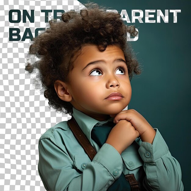 A curious child boy with kinky hair from the pacific islander ethnicity dressed in flight attendant attire poses in a hand on chin thoughtful pose style against a pastel turquoise background