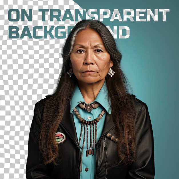 A curious middle aged woman with long hair from the native american ethnicity dressed in scrapbooking memories attire poses in a holding collar of jacket style against a pastel turquoise bac