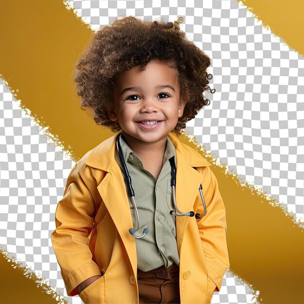 A curious preschooler boy with curly hair from the african ethnicity dressed in neurosurgeon attire poses in a relaxed stance with hands in pockets style against a pastel yellow background