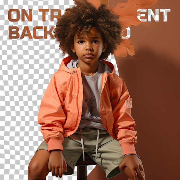 PSD a curious preschooler boy with curly hair from the african ethnicity dressed in running marathons attire poses in a back arch with hands on thighs style against a pastel peach background