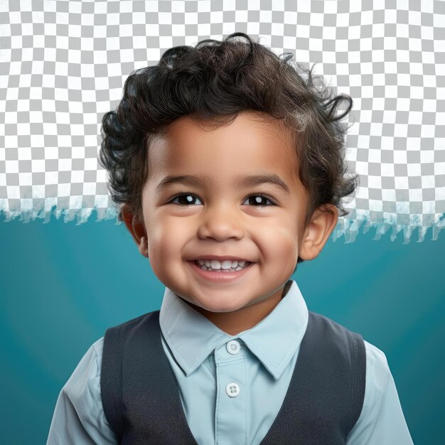 PSD a curious preschooler boy with wavy hair from the southeast asian ethnicity dressed in podiatrist attire poses in a eyes downcast with a smile style against a pastel blue background