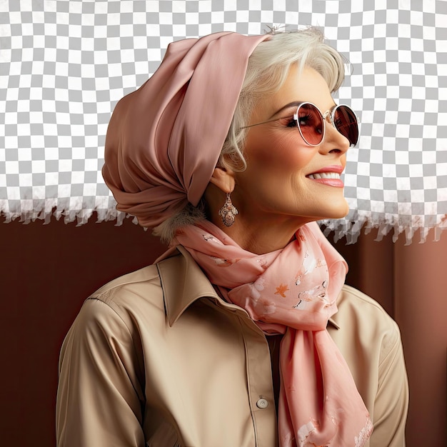 PSD una donna anziana curiosa con i capelli biondi di etnia mediorientale vestita in abito di optometrista posa in stile profilo silhouette contro uno sfondo di salmone pastello