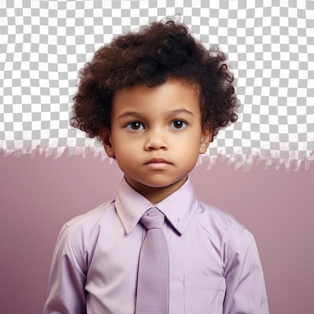 Curious slavic boy pessimistic preschooler in actuary attire posing amidst lilac pastels kinky hair one hand on waist