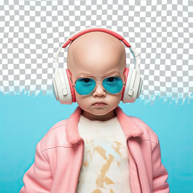 PSD a curious toddler woman with bald hair from the mongolic ethnicity dressed in disc jockey dj attire poses in a intense direct gaze style against a pastel blue background