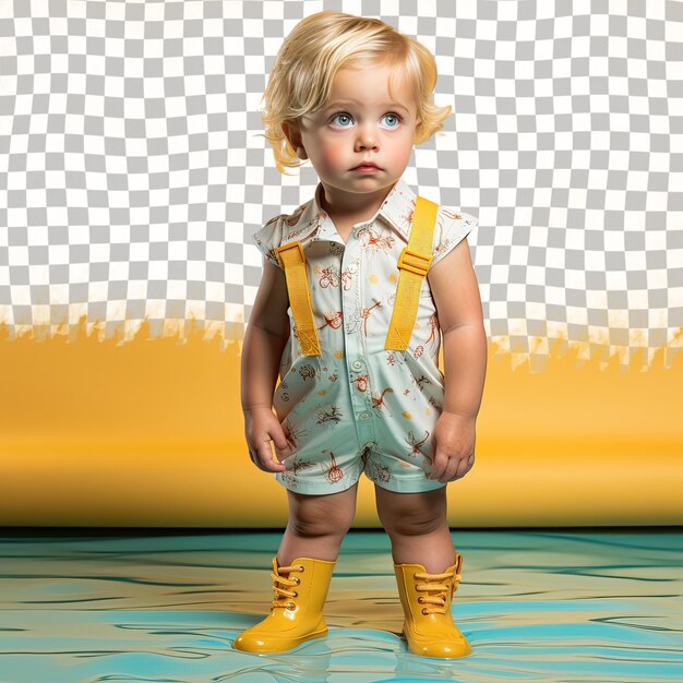 A curious toddler woman with blonde hair from the pacific islander ethnicity dressed in swimming in the pool attire poses in a standing with crossed ankles style against a pastel yellow back